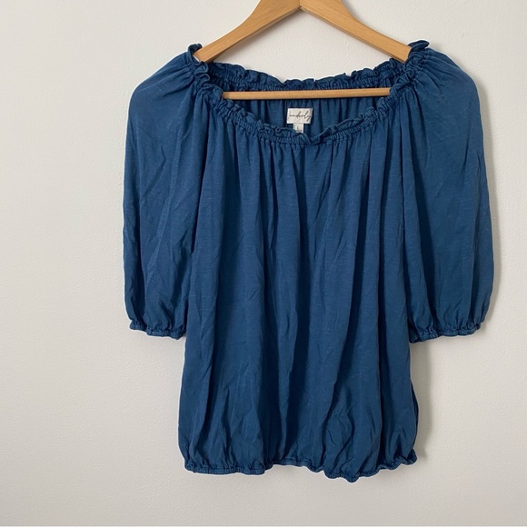 Wonderly Blue Off Shoulder 3/4 Sleeve Peasant Blouse Women’s Large - Picture 2 of 3